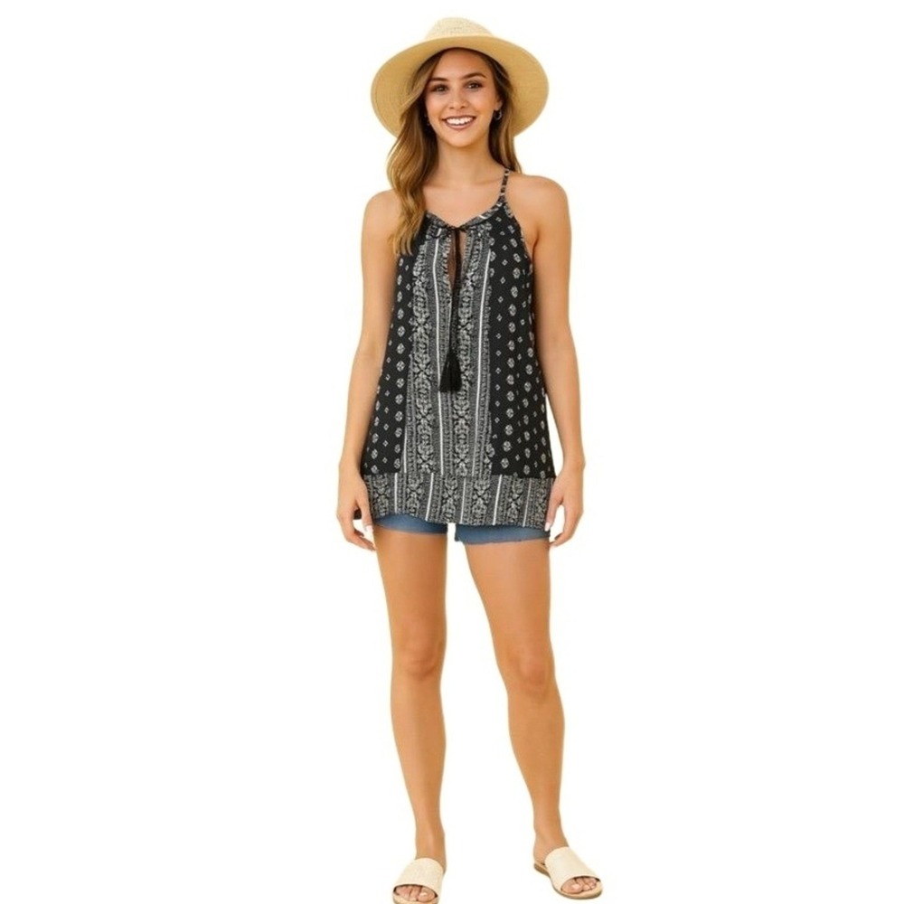 PINK REPUBLIC Tank Womans L Black White Boho Spaghetti Strap Tassles Keyhole